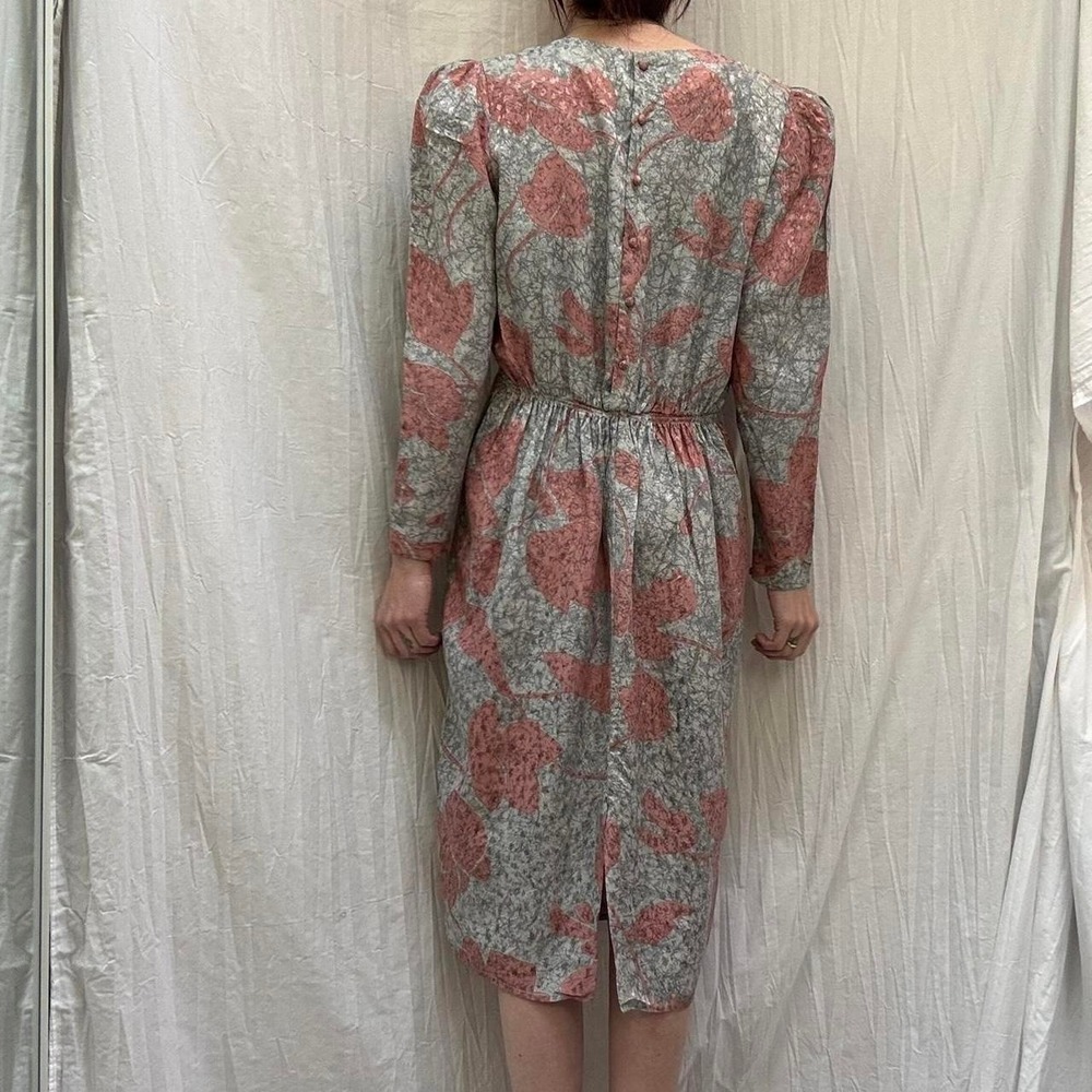 Silk Pink and Gray Floral Print Dress by AP Ltd. VTG 80s Puff Sleeves Retro - Picture 4 of 8